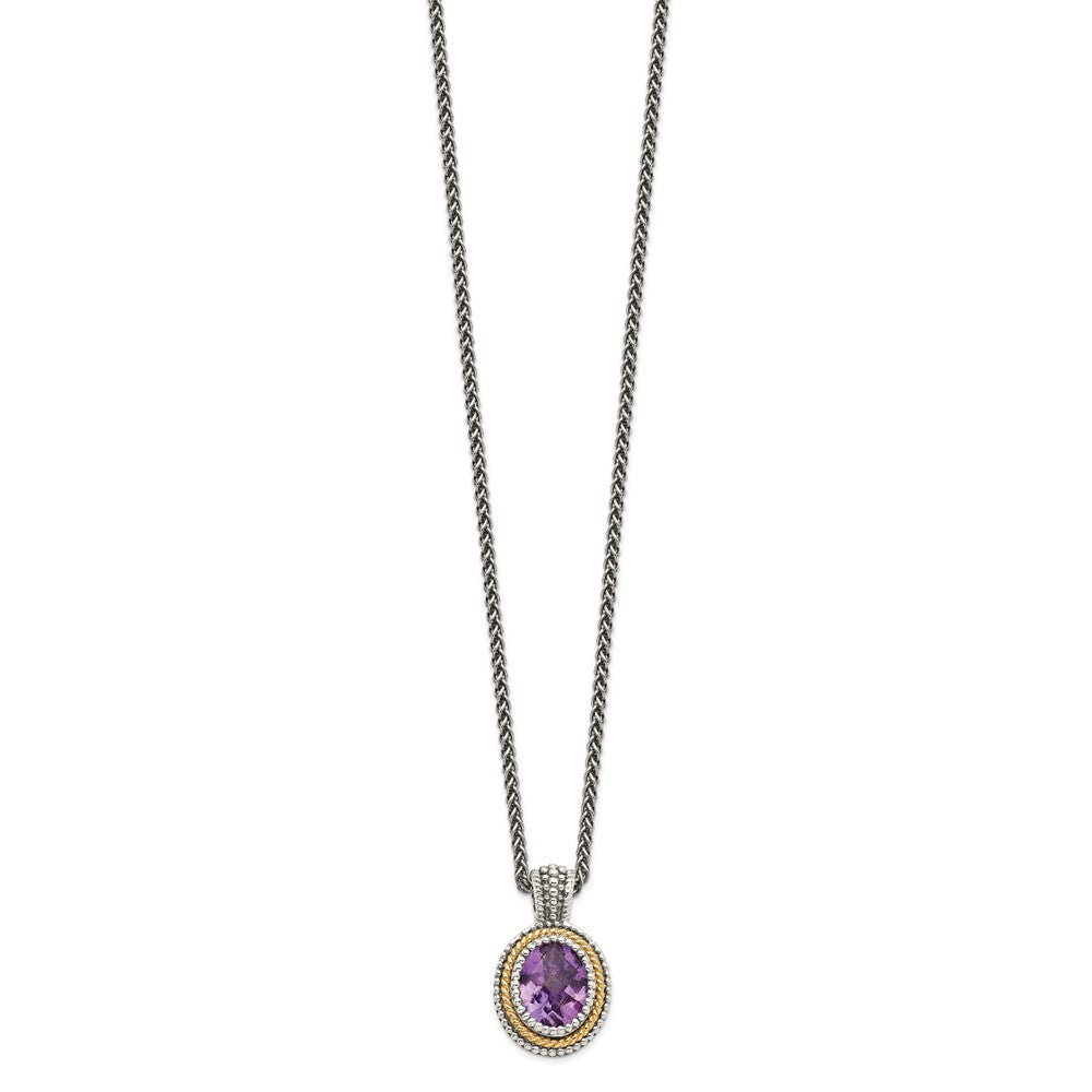 14K/Silver Two Tone Shey Couture Sterling Silver With 14K Accent 18 Inch Antiqued Oval Bezel Amethyst Necklace