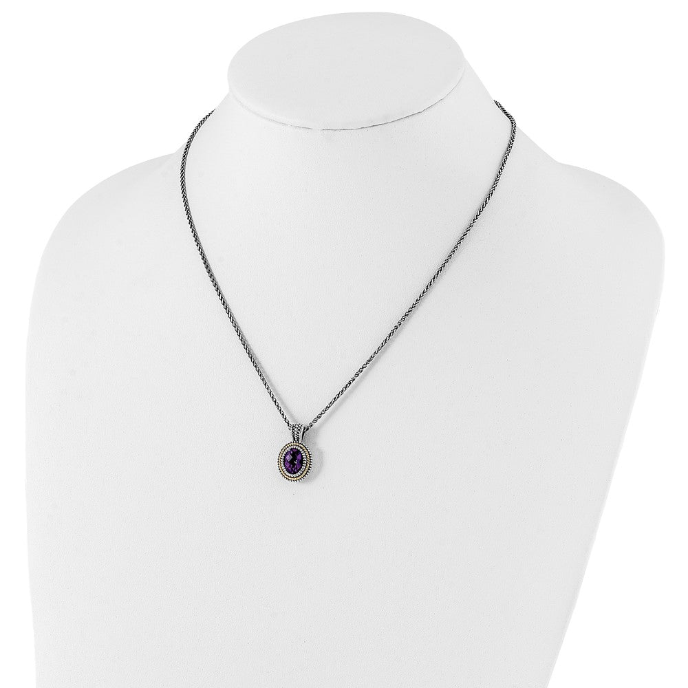 14K/Silver Two Tone Shey Couture Sterling Silver With 14K Accent 18 Inch Antiqued Oval Bezel Amethyst Necklace