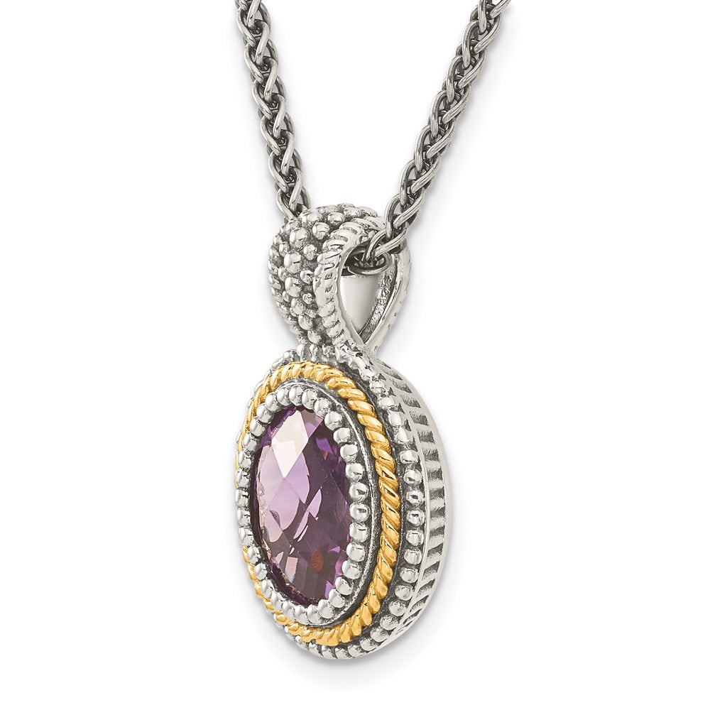 14K/Silver Two Tone Shey Couture Sterling Silver With 14K Accent 18 Inch Antiqued Oval Bezel Amethyst Necklace