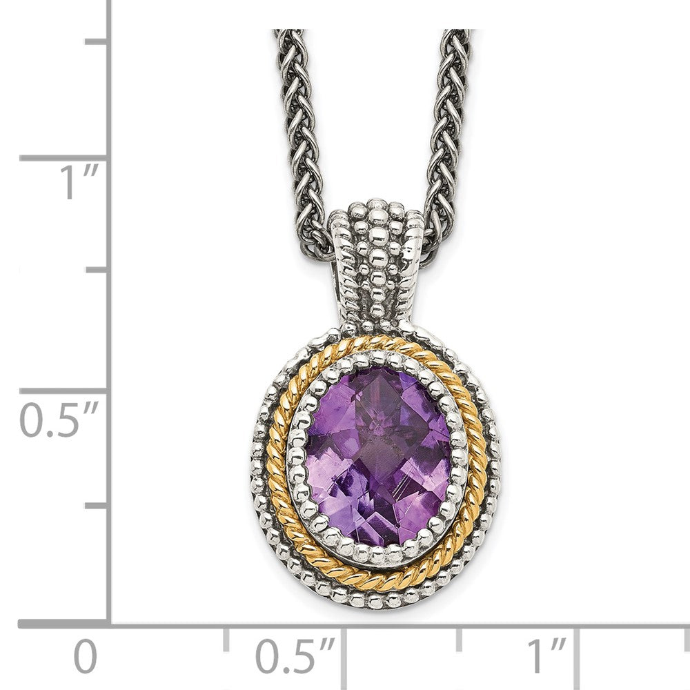 14K/Silver Two Tone Shey Couture Sterling Silver With 14K Accent 18 Inch Antiqued Oval Bezel Amethyst Necklace