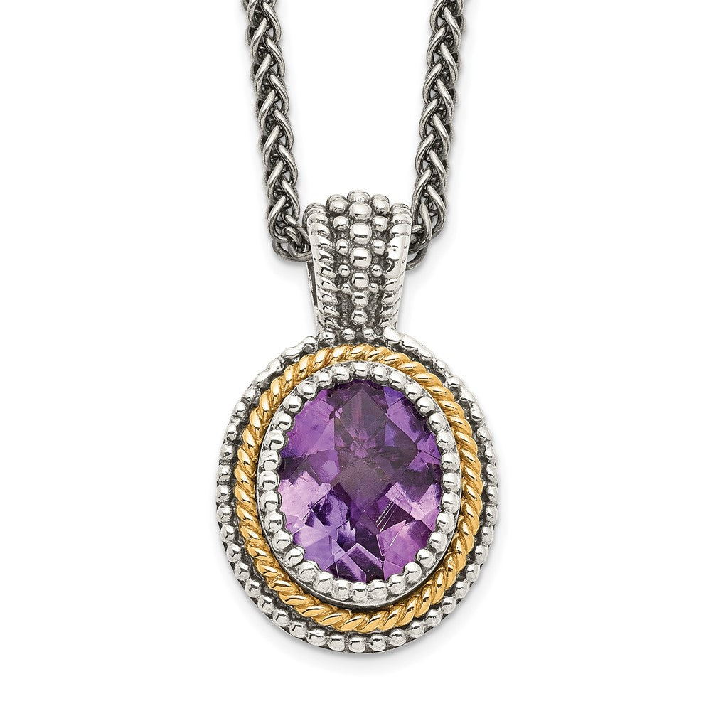 14K/Silver Two Tone Shey Couture Sterling Silver With 14K Accent 18 Inch Antiqued Oval Bezel Amethyst Necklace