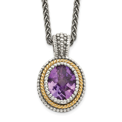 14K/Silver Two Tone Shey Couture Sterling Silver With 14K Accent 18 Inch Antiqued Oval Bezel Amethyst Necklace