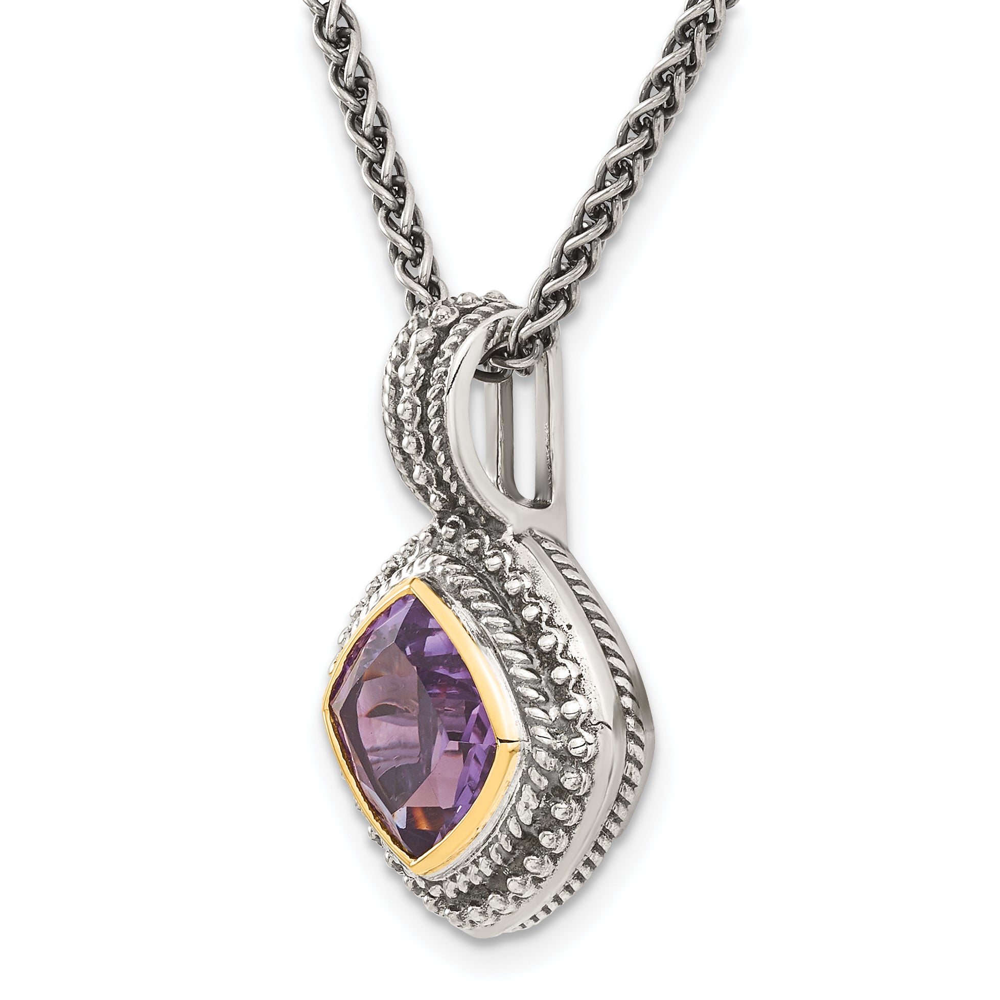 14K/Silver Two Tone Shey Couture Sterling Silver With 14K Accent 18 Inch Antiqued Cushion Bezel Amethyst Necklace