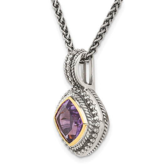 14K/Silver Two Tone Shey Couture Sterling Silver With 14K Accent 18 Inch Antiqued Cushion Bezel Amethyst Necklace