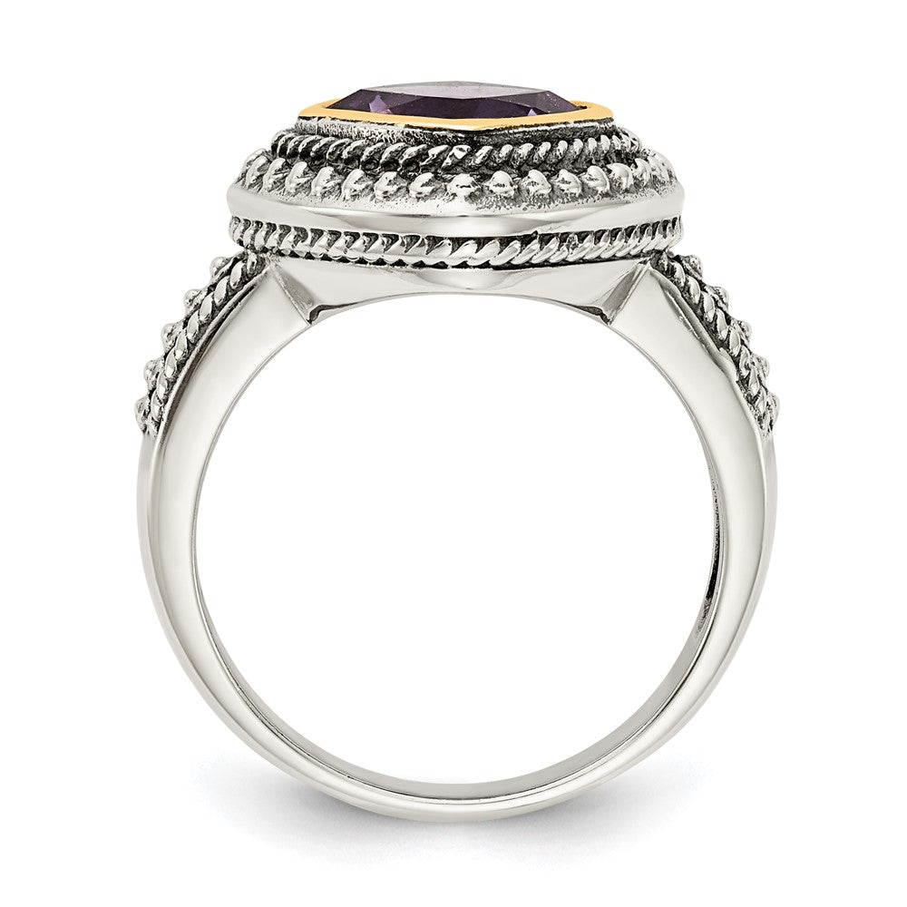 14K/Silver Two Tone Shey Couture Sterling Silver With 14K Accent Antiqued Cushion Bezel Amethyst Ring
