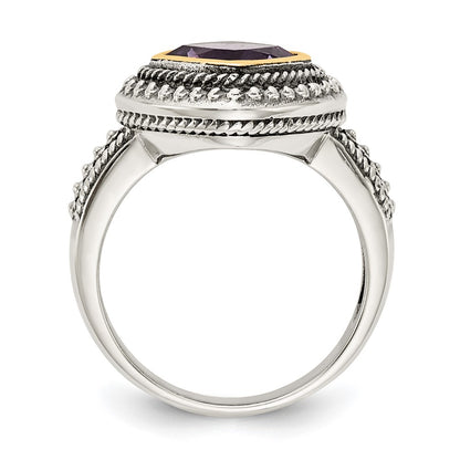 14K/Silver Two Tone Shey Couture Sterling Silver With 14K Accent Antiqued Cushion Bezel Amethyst Ring