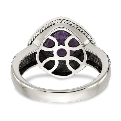 14K/Silver Two Tone Shey Couture Sterling Silver With 14K Accent Antiqued Cushion Bezel Amethyst Ring
