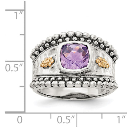 14K/Silver Two Tone Shey Couture Sterling Silver With 14K Accent Antiqued Checkerboard Cut Cushion Bezel Amethyst Ring