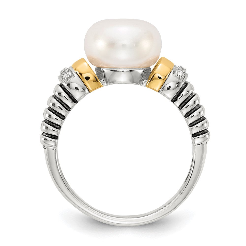 14K/Silver Two Tone Shey Couture Sterling Silver With 14K Accent Antiqued Diamond And 9.5 10mm Freshwater Cultured Pearl Ring