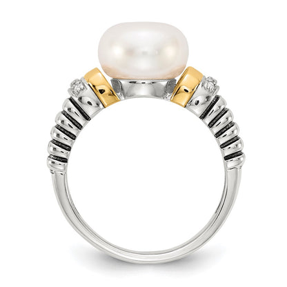 14K/Silver Two Tone Shey Couture Sterling Silver With 14K Accent Antiqued Diamond And 9.5 10mm Freshwater Cultured Pearl Ring