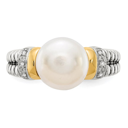 14K/Silver Two Tone Shey Couture Sterling Silver With 14K Accent Antiqued Diamond And 9.5 10mm Freshwater Cultured Pearl Ring