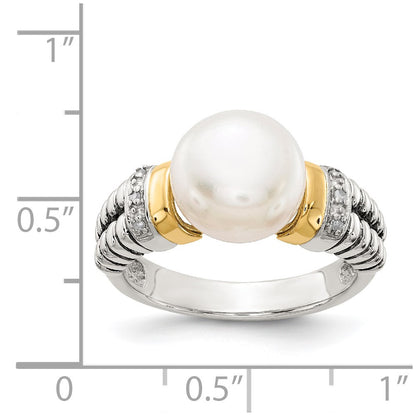14K/Silver Two Tone Shey Couture Sterling Silver With 14K Accent Antiqued Diamond And 9.5 10mm Freshwater Cultured Pearl Ring