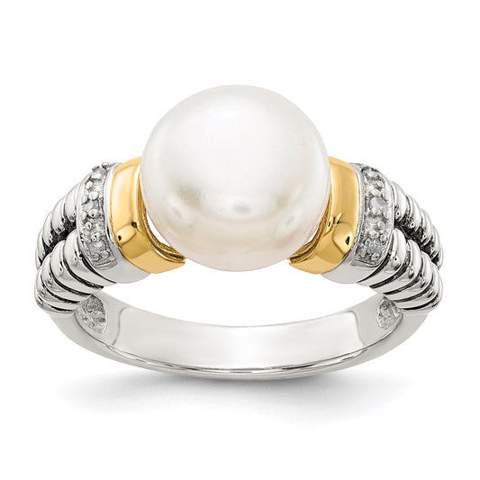 14K/Silver Two Tone Shey Couture Sterling Silver With 14K Accent Antiqued Diamond And 9.5 10mm Freshwater Cultured Pearl Ring