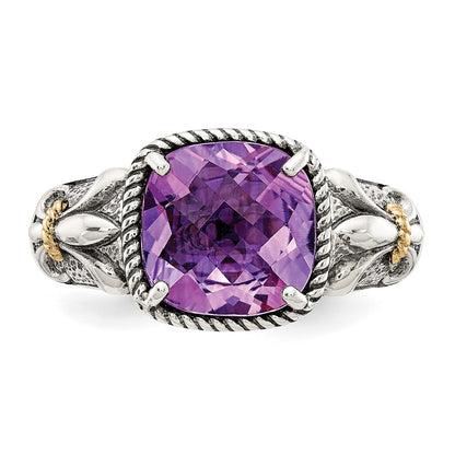 14K/Silver Two Tone Shey Couture Sterling Silver With 14K Accent Antiqued Cushion Amethyst Ring