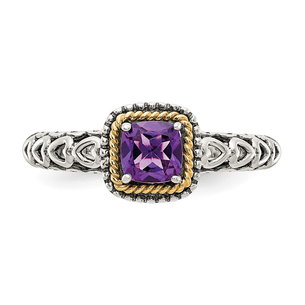 14K/Silver Two Tone Shey Couture Sterling Silver With 14K Accent Antiqued Cushion Amethyst Ring