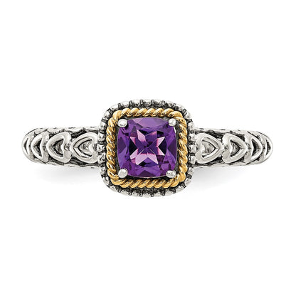 14K/Silver Two Tone Shey Couture Sterling Silver With 14K Accent Antiqued Cushion Amethyst Ring