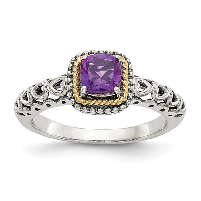 14K/Silver Two Tone Shey Couture Sterling Silver With 14K Accent Antiqued Cushion Amethyst Ring