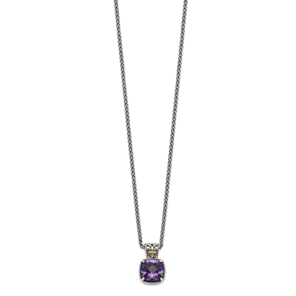 14K/Silver Two Tone Shey Couture Sterling Silver With 14K Accent 18 Inch Antiqued Cushion Checkerboard Amethyst Necklace