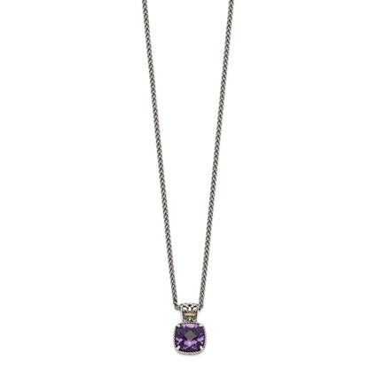 14K/Silver Two Tone Shey Couture Sterling Silver With 14K Accent 18 Inch Antiqued Cushion Checkerboard Amethyst Necklace
