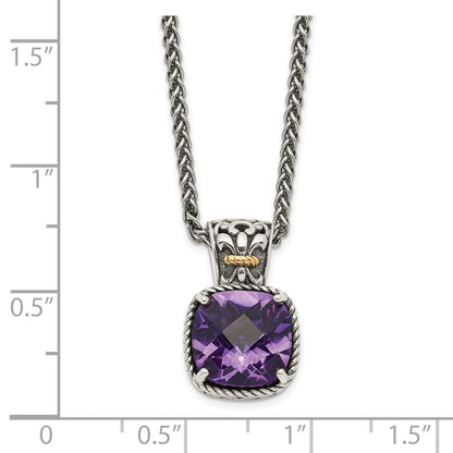 14K/Silver Two Tone Shey Couture Sterling Silver With 14K Accent 18 Inch Antiqued Cushion Checkerboard Amethyst Necklace