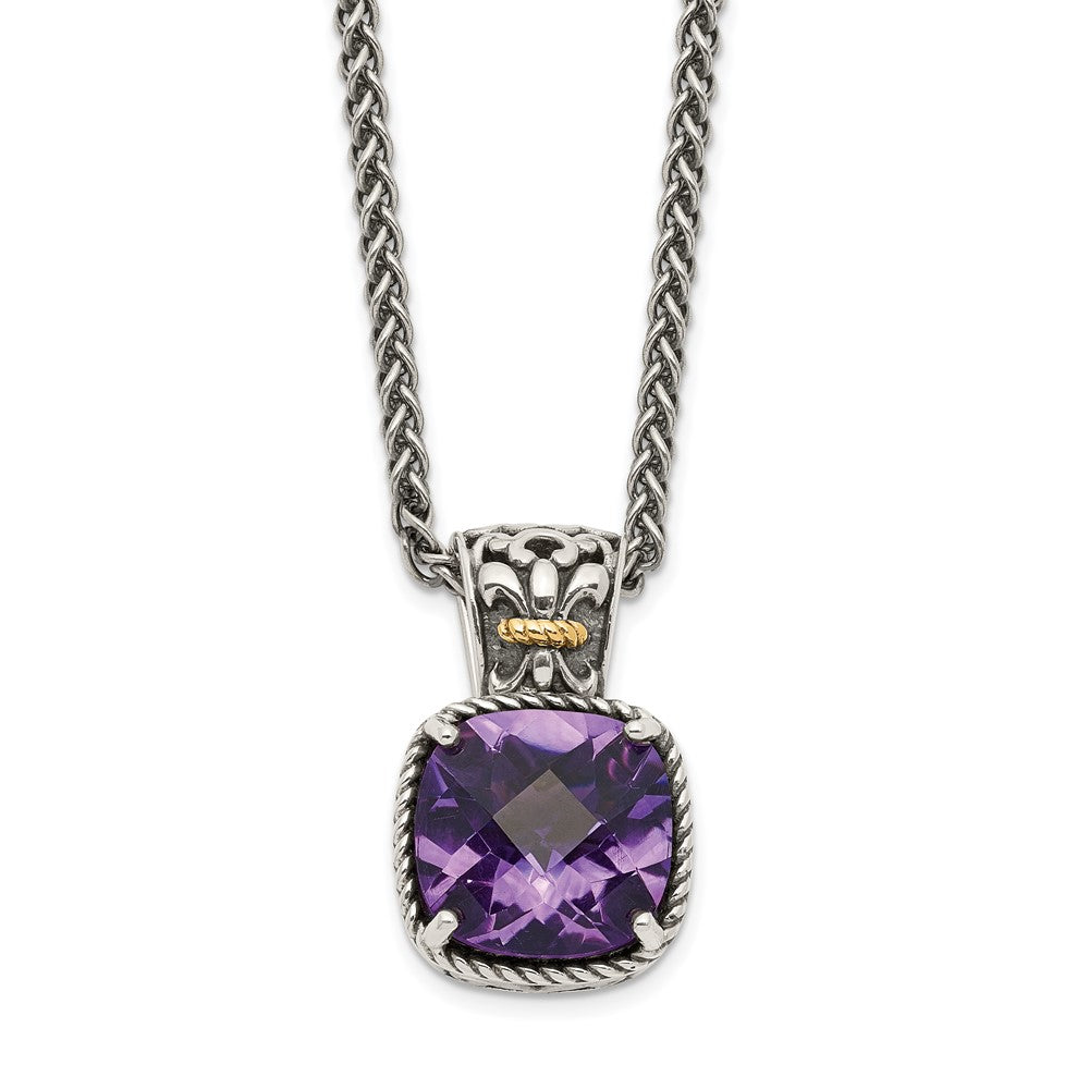 14K/Silver Two Tone Shey Couture Sterling Silver With 14K Accent 18 Inch Antiqued Cushion Checkerboard Amethyst Necklace