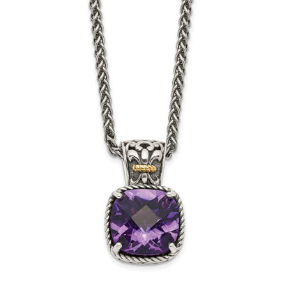 14K/Silver Two Tone Shey Couture Sterling Silver With 14K Accent 18 Inch Antiqued Cushion Checkerboard Amethyst Necklace