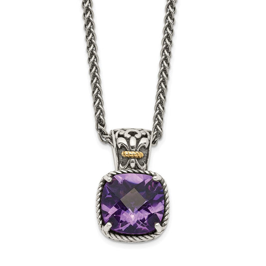 14K/Silver Two Tone Shey Couture Sterling Silver With 14K Accent 18 Inch Antiqued Cushion Checkerboard Amethyst Necklace