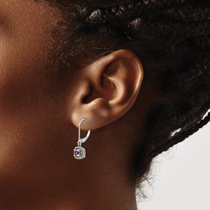 14K/Silver Two Tone Shey Couture Sterling Silver With 14K Accent Antiqued Cushion Amethyst Leverback Dangle Earrings