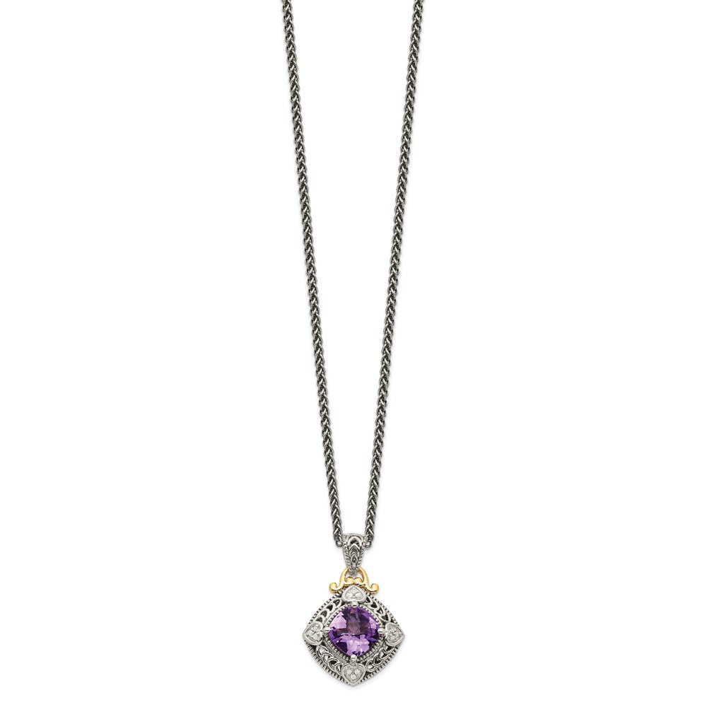 14K/Silver Two Tone Shey Couture Sterling Silver With 14K Accent 18 Inch Antiqued Cushion Amethyst Necklace