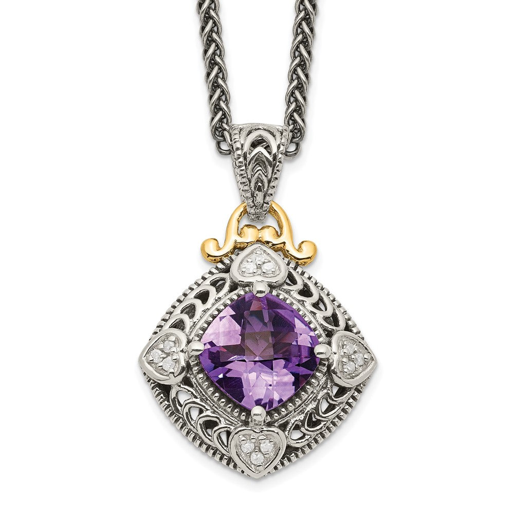 14K/Silver Two Tone Shey Couture Sterling Silver With 14K Accent 18 Inch Antiqued Cushion Amethyst Necklace