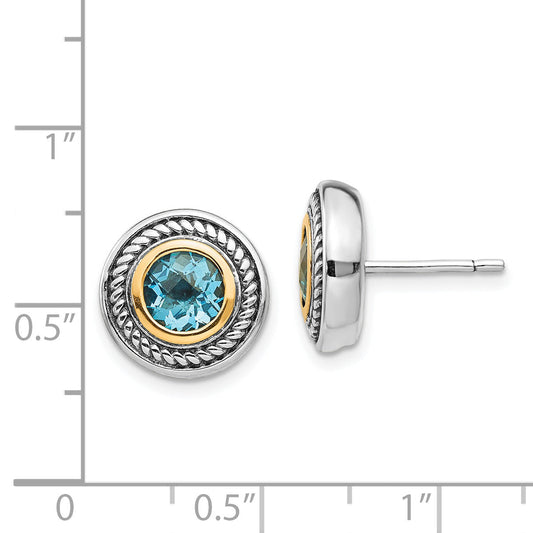 14K/Silver Two Tone Shey Couture Sterling Silver With 14K Accent Antiqued Round Blue Topaz Post Earrings