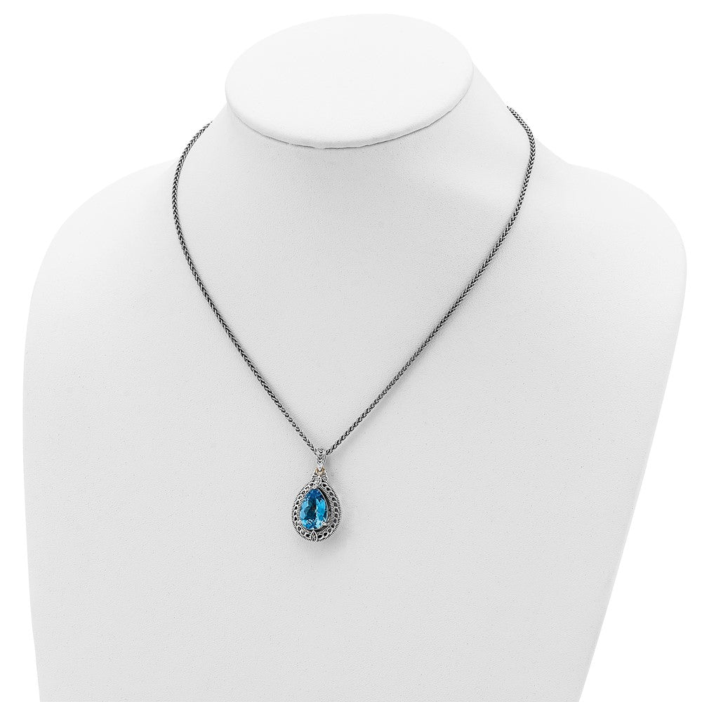 14K/Silver Two Tone Shey Couture Sterling Silver With 14K Accent 18 Inch Antiqued Diamond And Pear Shaped Blue Topaz Necklace