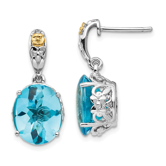 14K/Silver Two Tone Shey Couture Sterling Silver With 14K Accent Oval Blue Topaz Dangle Post Earrings