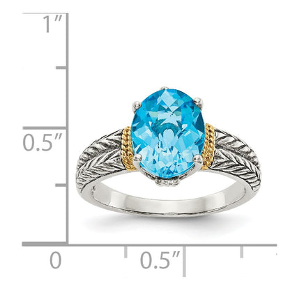 14K/Silver Two Tone Shey Couture Sterling Silver With 14K Accent Antiqued Oval Blue Topaz Ring