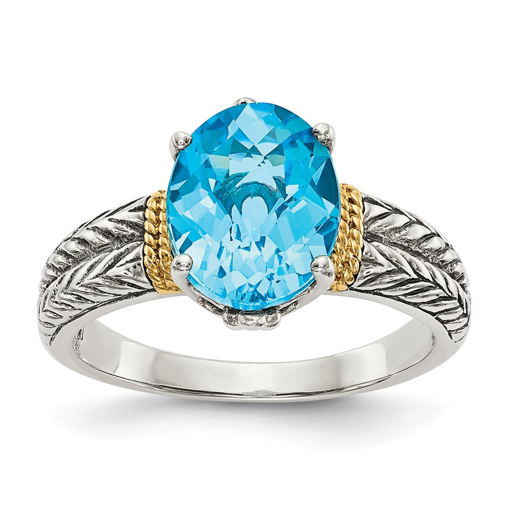 14K/Silver Two Tone Shey Couture Sterling Silver With 14K Accent Antiqued Oval Blue Topaz Ring