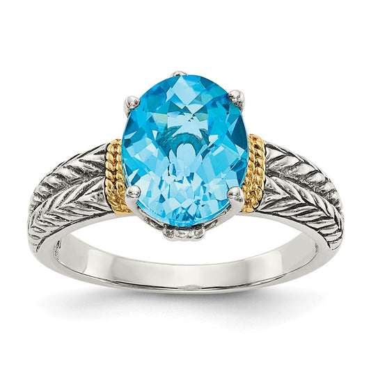 14K/Silver Two Tone Shey Couture Sterling Silver With 14K Accent Antiqued Oval Blue Topaz Ring