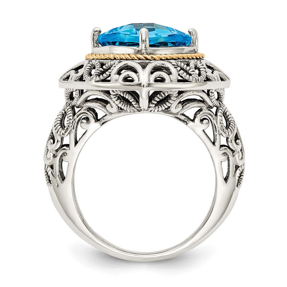 14K/Silver Two Tone Shey Couture Sterling Silver With 14K Accent Antiqued Cushion Blue Topaz Ring