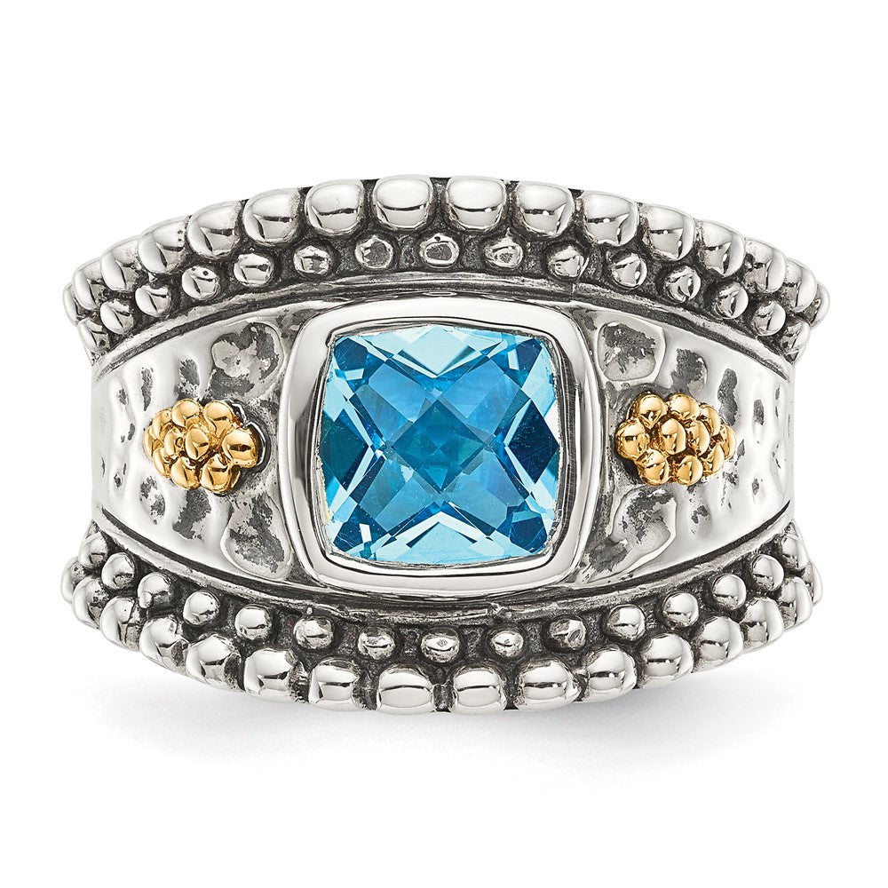 14K/Silver Two Tone Shey Couture Sterling Silver With 14K Accent Antiqued Checkerboard Bezel Blue Topaz Ring