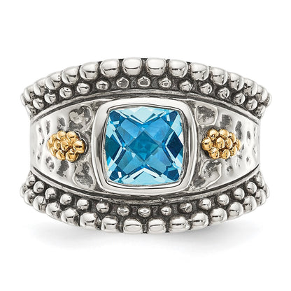 14K/Silver Two Tone Shey Couture Sterling Silver With 14K Accent Antiqued Checkerboard Bezel Blue Topaz Ring