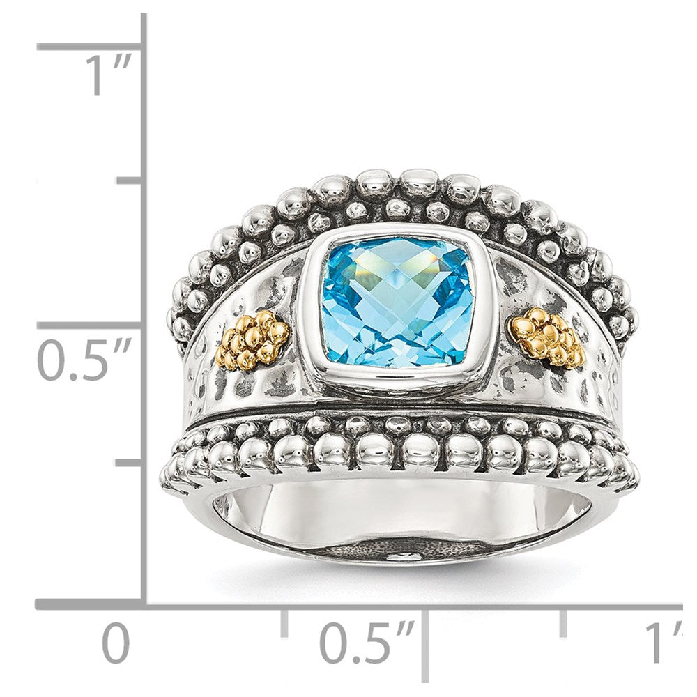 14K/Silver Two Tone Shey Couture Sterling Silver With 14K Accent Antiqued Checkerboard Bezel Blue Topaz Ring