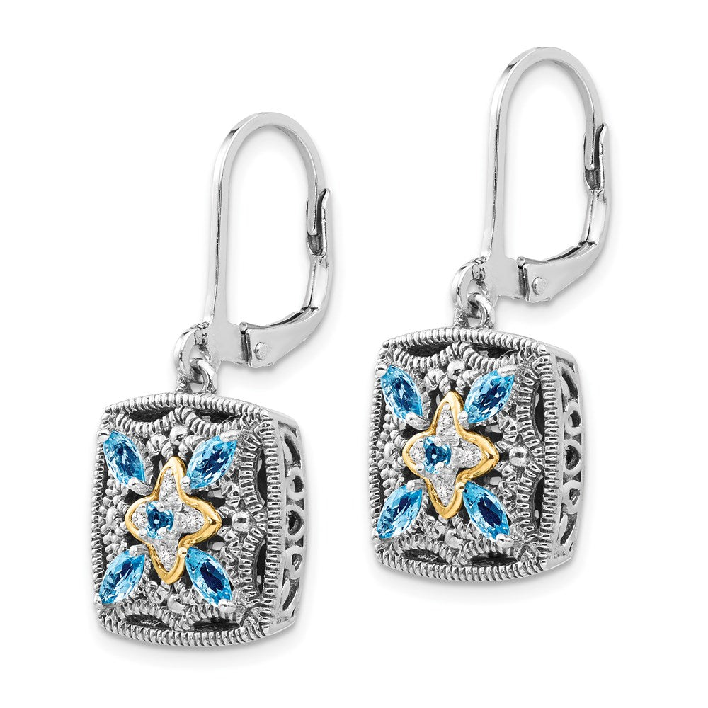 14K/Silver Two Tone Shey Couture Sterling Silver With 14K Accent Antiqued Diamond And Marquise Blue Topaz Leverback Earrings
