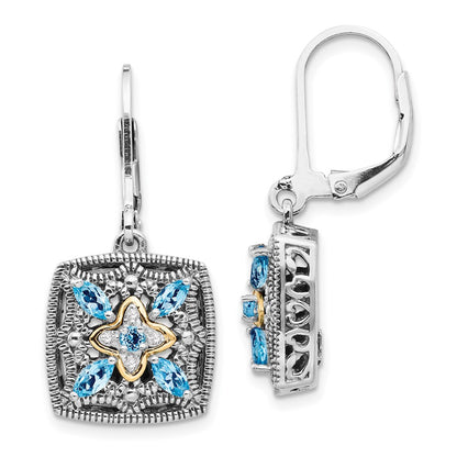 14K/Silver Two Tone Shey Couture Sterling Silver With 14K Accent Antiqued Diamond And Marquise Blue Topaz Leverback Earrings