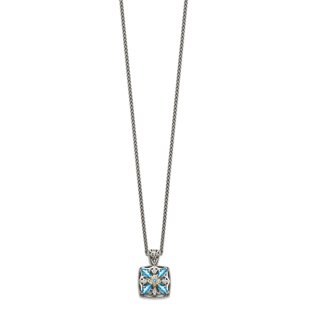 14K/Silver Two Tone Shey Couture Sterling Silver With 14K Accent 18 Inch Antiqued Diamond And Marquise Blue Topaz Necklace