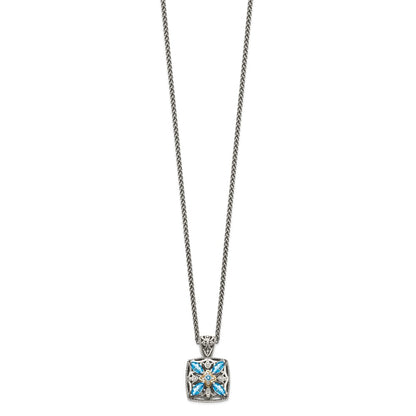 14K/Silver Two Tone Shey Couture Sterling Silver With 14K Accent 18 Inch Antiqued Diamond And Marquise Blue Topaz Necklace
