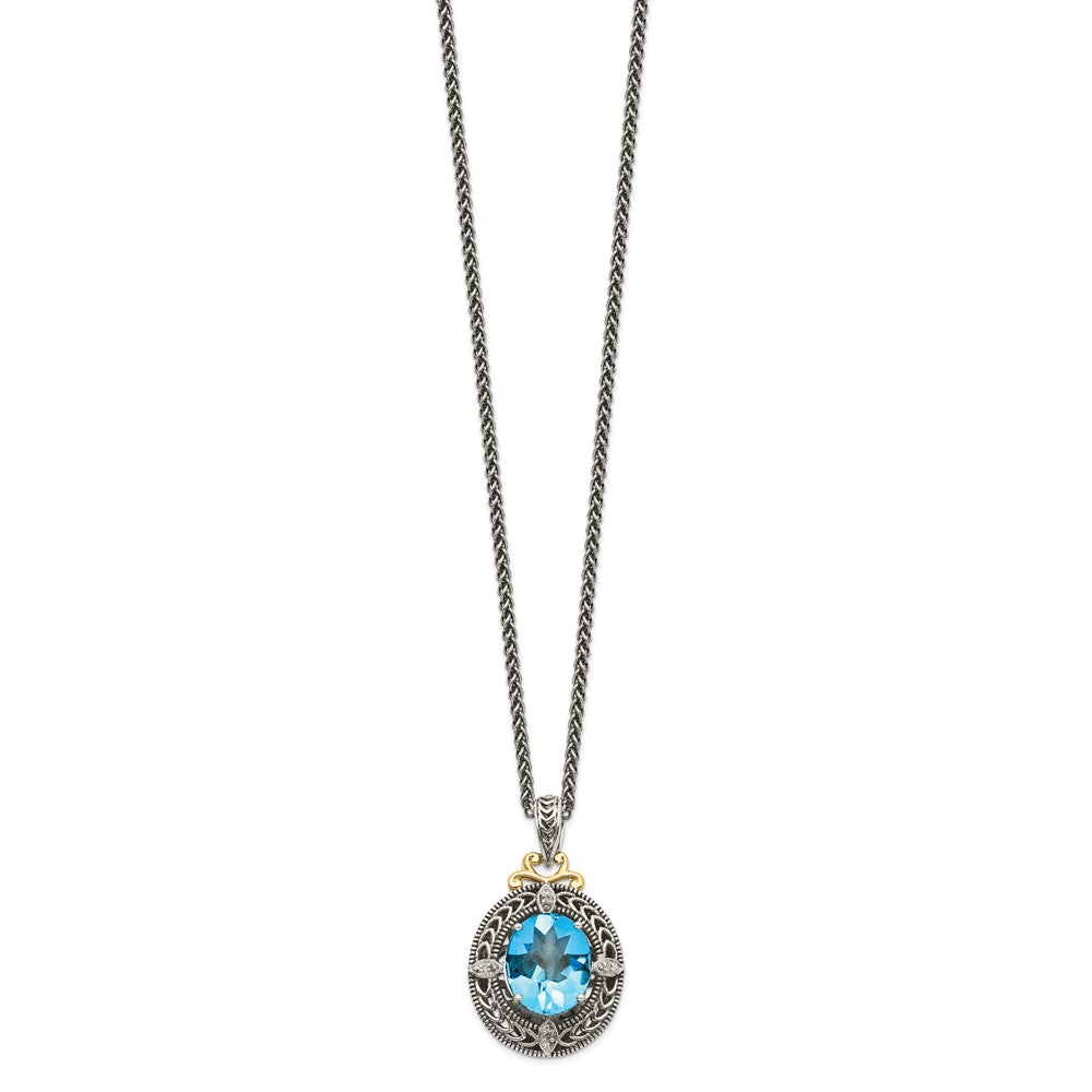 14K/Silver Two Tone Shey Couture Sterling Silver With 14K Accent 18 Inch Antiqued Diamond And Oval Blue Topaz Necklace