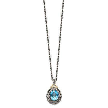 14K/Silver Two Tone Shey Couture Sterling Silver With 14K Accent 18 Inch Antiqued Diamond And Oval Blue Topaz Necklace