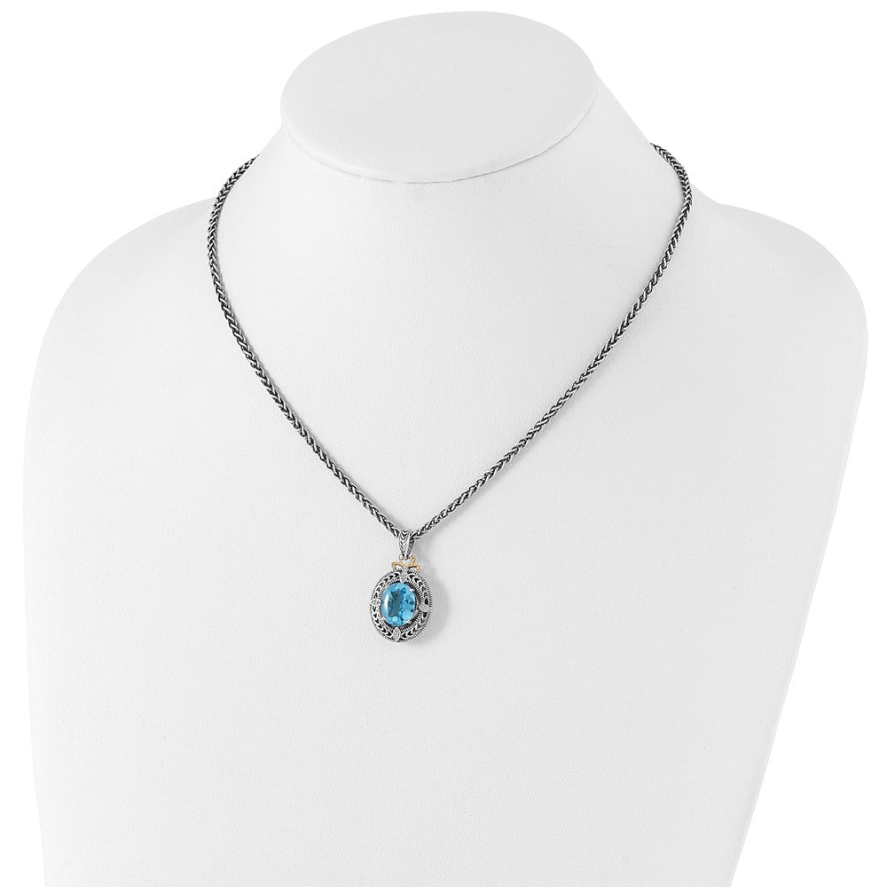 14K/Silver Two Tone Shey Couture Sterling Silver With 14K Accent 18 Inch Antiqued Diamond And Oval Blue Topaz Necklace