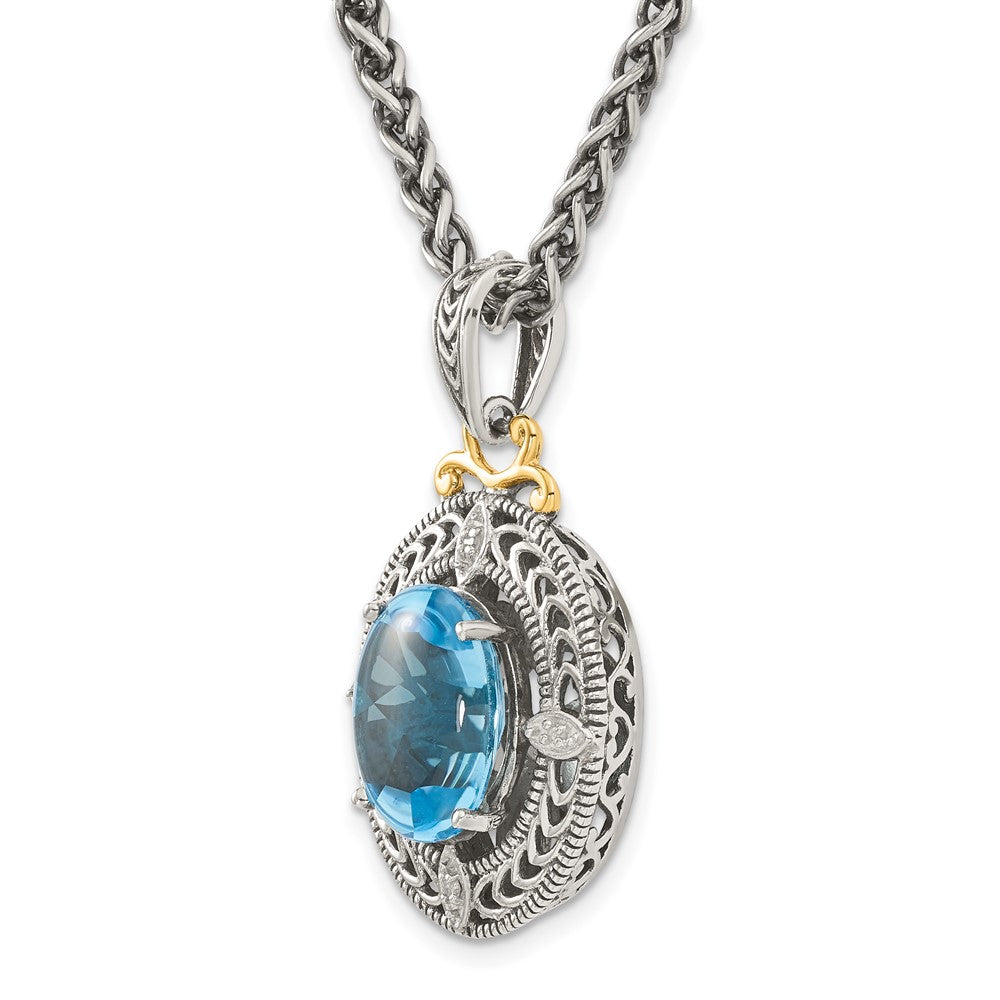 14K/Silver Two Tone Shey Couture Sterling Silver With 14K Accent 18 Inch Antiqued Diamond And Oval Blue Topaz Necklace