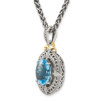 14K/Silver Two Tone Shey Couture Sterling Silver With 14K Accent 18 Inch Antiqued Diamond And Oval Blue Topaz Necklace