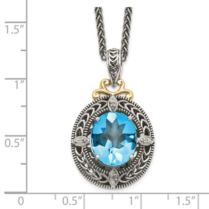 14K/Silver Two Tone Shey Couture Sterling Silver With 14K Accent 18 Inch Antiqued Diamond And Oval Blue Topaz Necklace